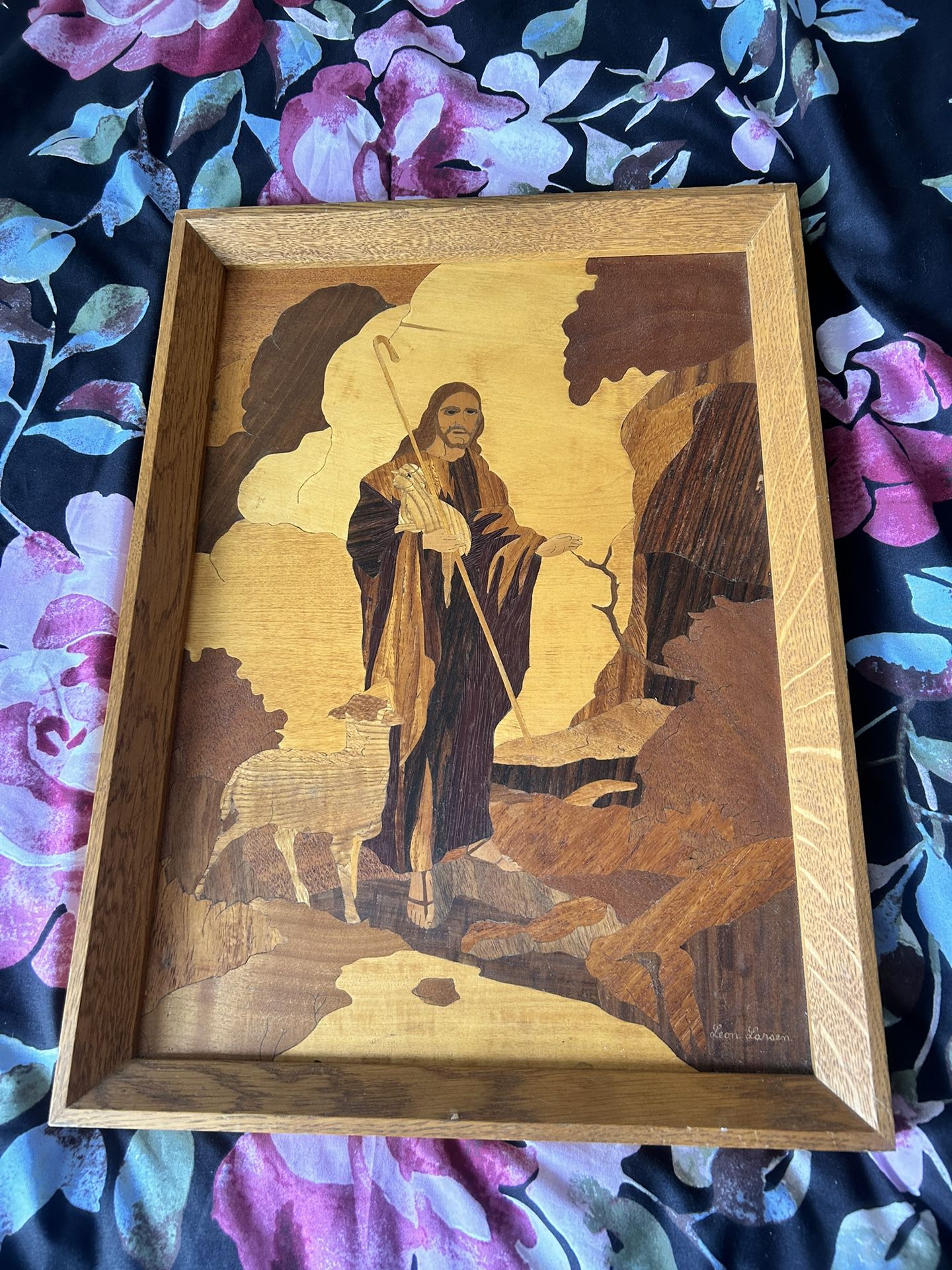 Wooden Jesus Picture Wall Hanging 21.5in x 16in x 2in Signed Leon Larsen