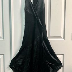 Vtg Y2K BEBE Black rayon silk fairycore asymmetrical racer back halter dress XS