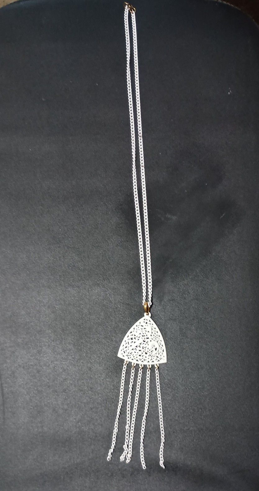 Vintage White Enamel Abstract Shape Pendant Tassel Necklace 