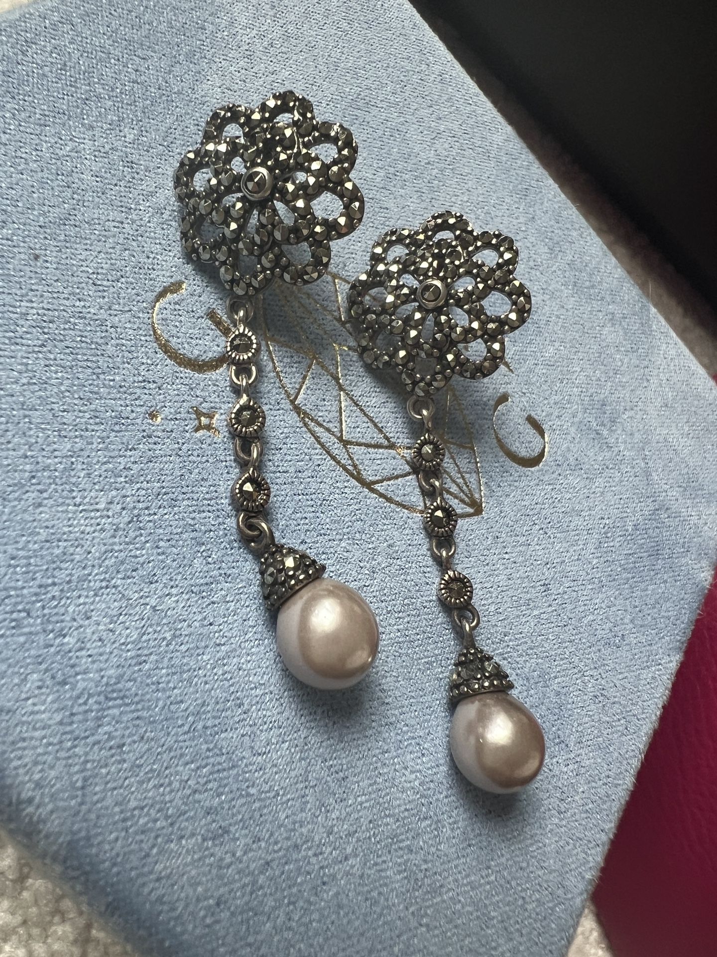 sterling silver gray pearl marcasite dangle earrings 