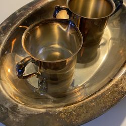 Antique silver-plated creamer and sugar bowl set + vintage silver-plated serving dish.