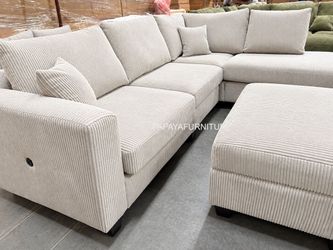 Mid Century Modern Ivory Beige Sectional Sofa with Chaise FREE STORAGE Ottoman Living Room Couch Set Designer Style Perfect for Apartment Space Saving