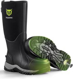 TIDEWE Puncture-Proof Work Boots with Steel Toe and Shank, Waterproof Non-Slip Rubber Boots for Men, 0.236 Inch Neoprene Outdoor Boots, Durable Huntin