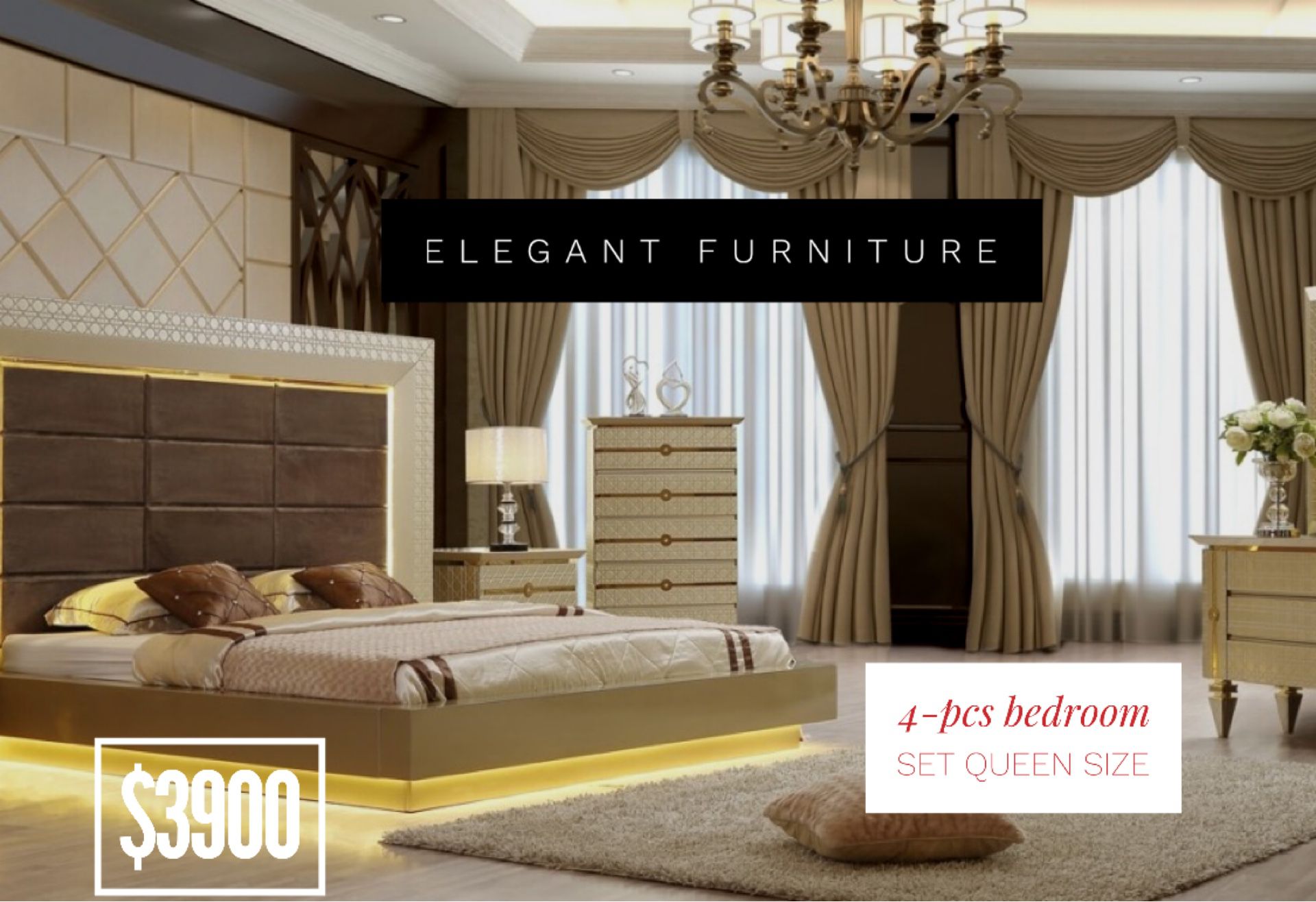 Queen Size Bedroom Set 4pc- Recamara Queen Size de 4pc @Elegant furniture