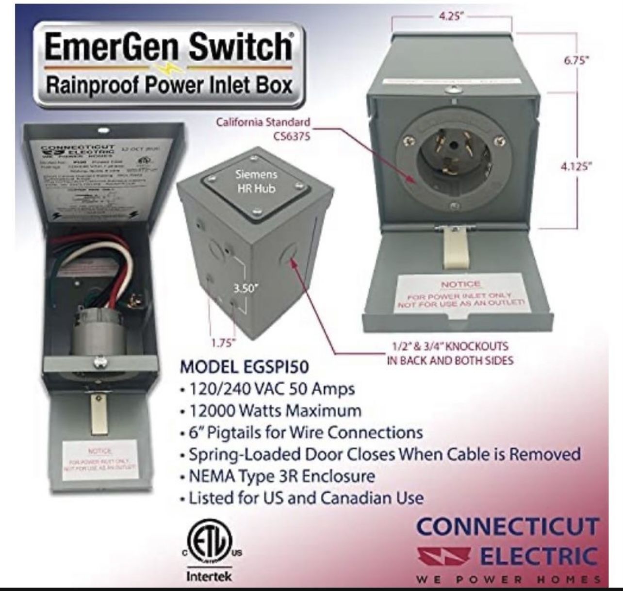 Connecticut Electric EGSPI50 50A Rainproof Generator Power Inlet Box