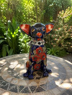 Handmade Talavera Chihuahua Planter – Blue Cobalt Ceramic Dog