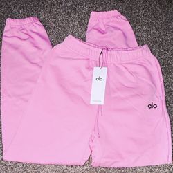 Alo Women’s Pink Solid Jogger Pants Logo Accent Drawstring Elastic Waist