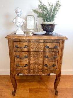 French Provincial Louis XV style carved oak commode or bedside chest