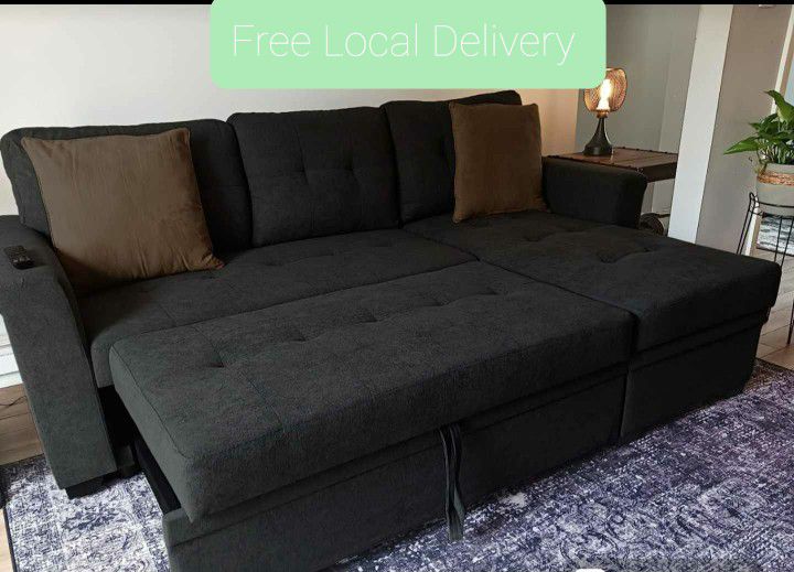 Gray Sectional Couch With Pull Out Bed & Storage Chaise Free Delivery 