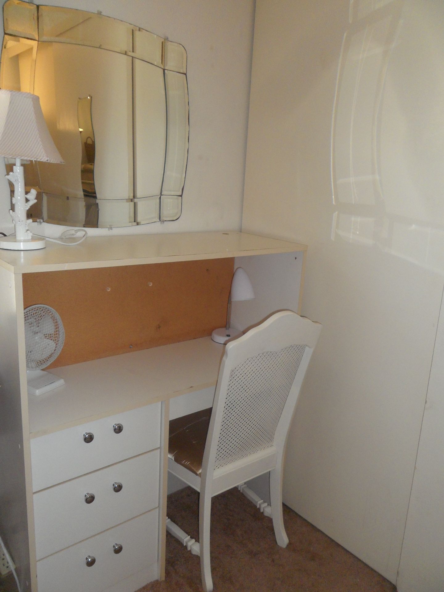 White desk with hutch + 2 cabinets + white wood desk chair