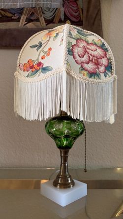 Victorian Revival Parlor Lamp 6 Panel Multi-Floral Fringed Shade & Green Coin Spot Glass