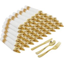 brand new set of zulzzy 50 Gold Wrapped Plastic Cutlery Set with Napkins 