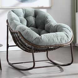 Outdoor Patio Rocking Chairs, Oversized Papasan Rock Chair Indoor with Striped Velvet Padded Cushion - Rocker Egg Seat for Front Porch, Ga