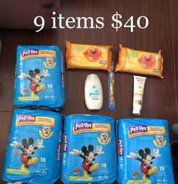 4 Huggies Diaper (4T-5T); 1 Johnson Cotton Touch Lotion; 144 Sesame Street Baby Wipes (72x2); 1 Burts Bee Toothpaste; 1 Sesame Street Toothbrush: 9 I