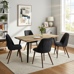 Homy Casa LANCELOT+KALI 5PC Dining Set 63" Walnut Table with 4 Kali Charcoal Fabric Chairs Walnut Legs