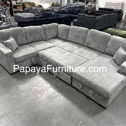 120” Large Sectional Sofa Bed, Plush Sectional Sofa Bed, Sleeper Sofa, Couch, Sectional, Grey Sectional Couch, Gray Sofa Bed,Corduroy Sleeper Sofa Bed