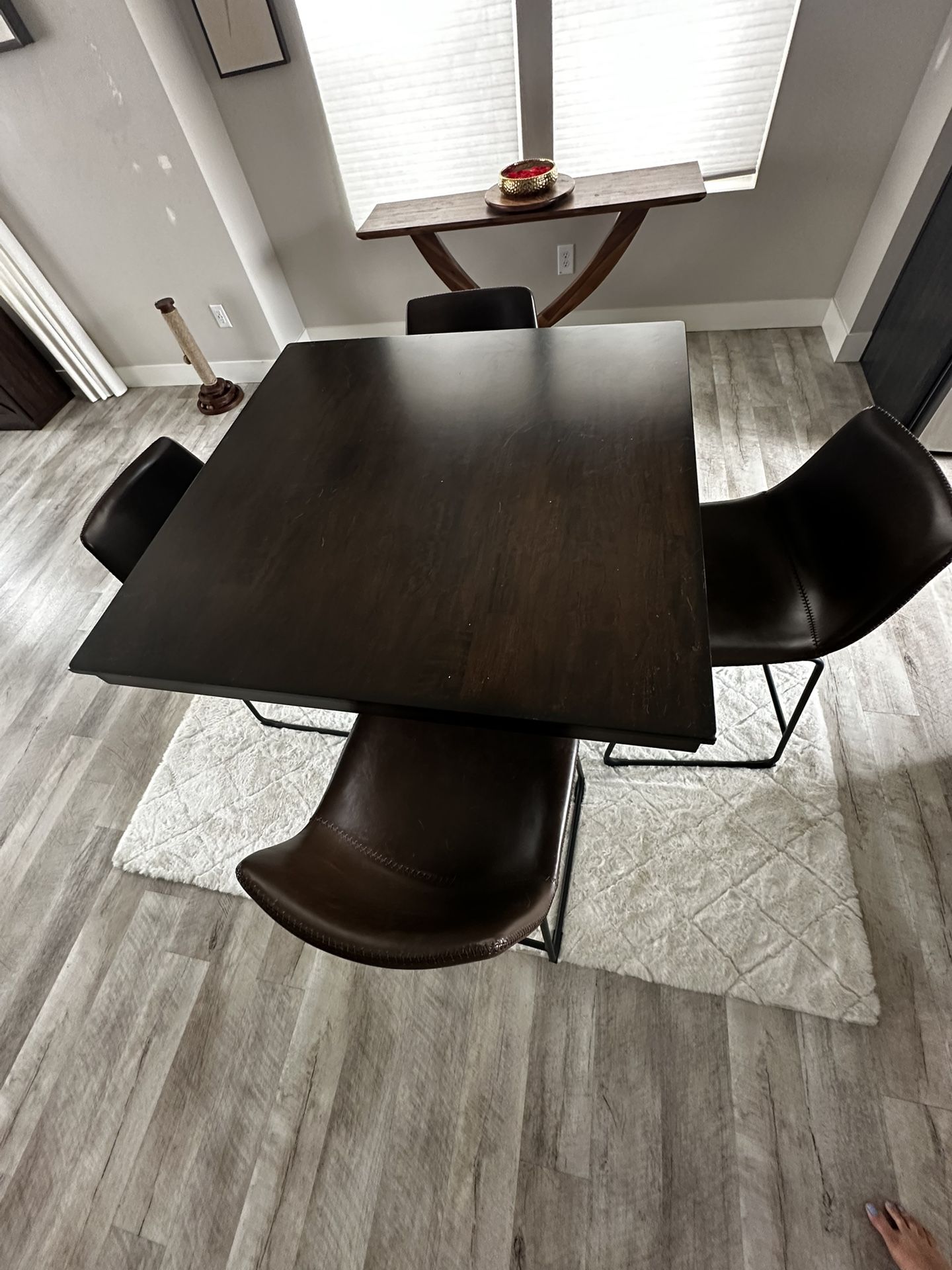 Dark Brown Wood Dining Table with 4 Faux Leather Chairs