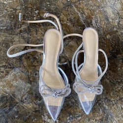 EUC Women’s 9 Bling Rhinestone clear toe dress shoe heel pump ankle strap sexy