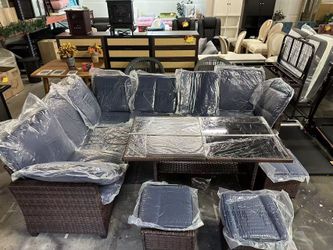 7-Piece Outdoor Conversation Furniture Set, Cushioned Wicker Patio Sofa Set with Loveseat, Footstools, and Glass Table, All-Weather Garden Furniture C