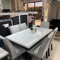 7 Pcs Dining Set 72” Long Table Imitation Marble + 6 Grey Chairs 