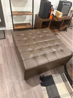 3x3 Brown faux-leather split-top storage ottoman