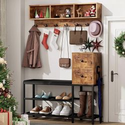 Brand New Hall Way Shoe Bench with Storage, 5 in 1 Entryway Coat Rack with Shoe Bench Set, Coat Rack Wall Mount with Shoe Storage, 3 Cubbies Shelf fo