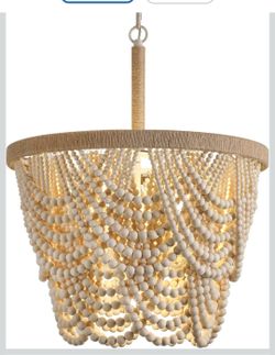 Q&S Bohemian chandelier with wooden beads, coastal rustic style, large, bohemian, 5 lights for dining room, kitchen, living room, entrance, lobby, hot