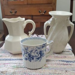 3 Piece White  Glaze Vintage Pieces/vase, pitcher & mug