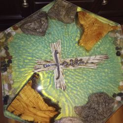 "Faith" Epoxy Resin, Stone,Olive Wood Table