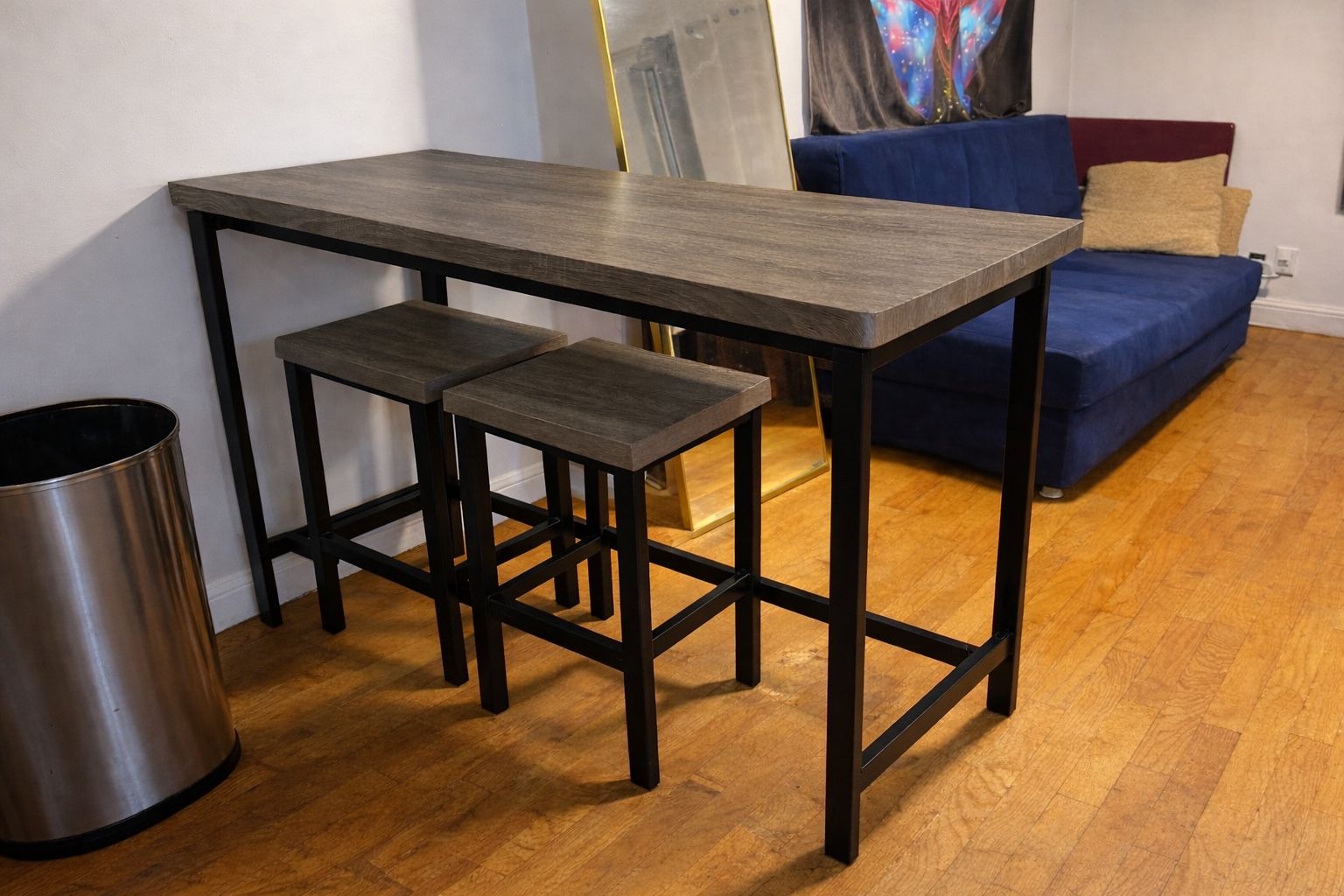 Modern High-Top Bar Table with 3 Stools – Rustic Gray & Black Metal