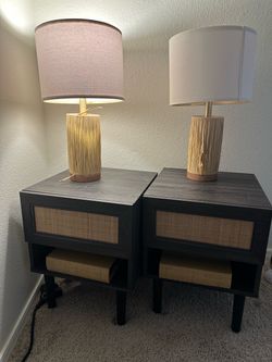 Pair of Dark Wood Cane Front Nightstands