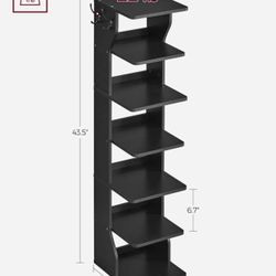 VASAGLE 7-Tier Vertical Shoe Rack Narrow Shoe Storage Organizer with Hooks - Black