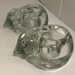 2 Indiana Clear Glass Sleeping Cat Votive Candle Holder Tea light Candle Vintage