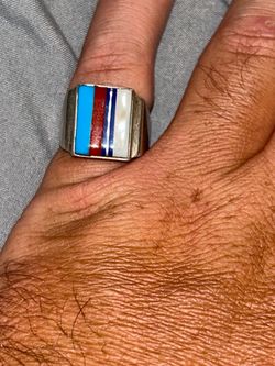 Vintage Navajo Sterling Silver Turquoise MOP Coral and Lapis Lazuli Flush inlay ring