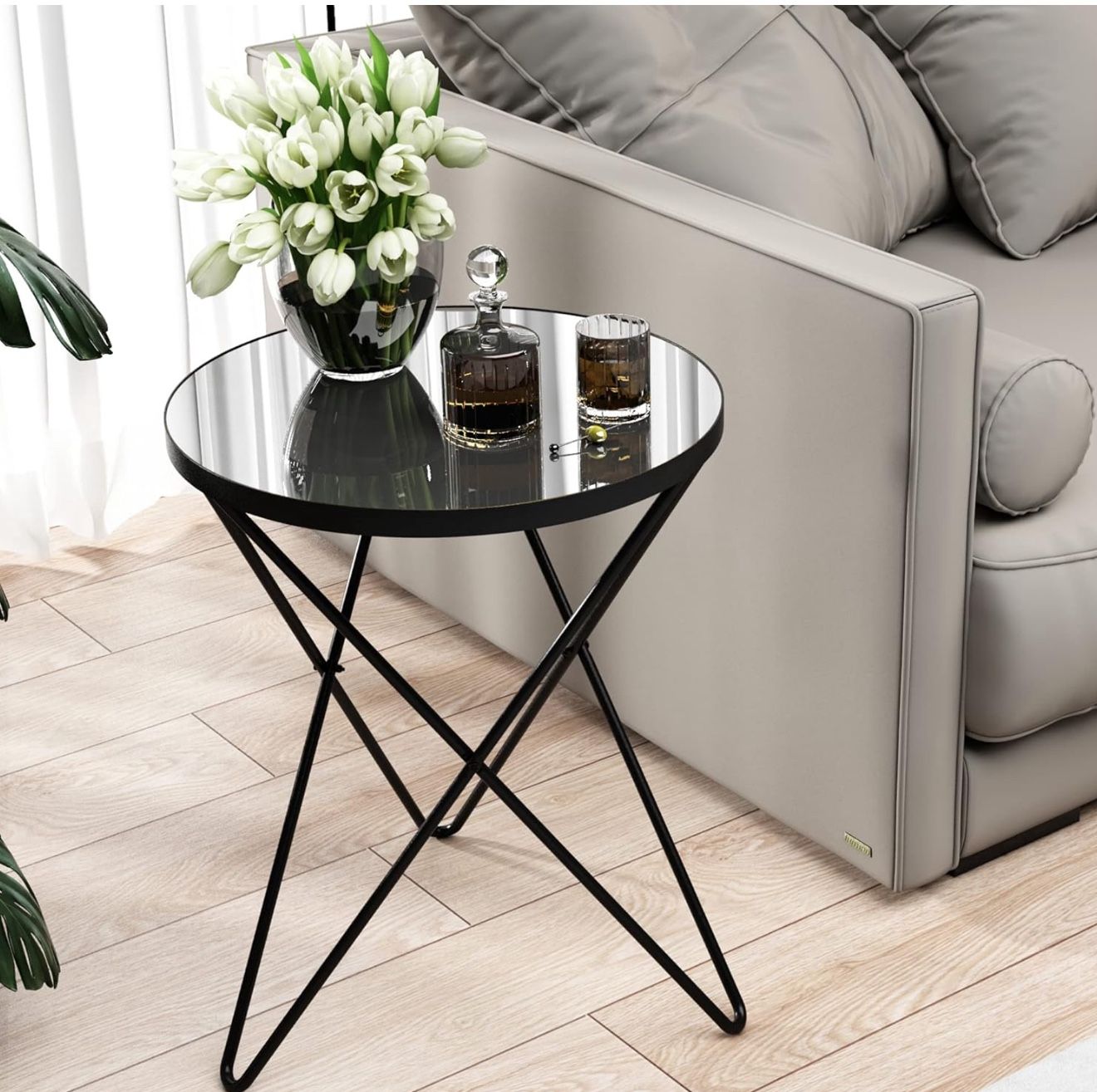 Set of 2 Modern Round Accent Tables – Mirror Tops / Black Metal Base