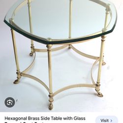 Brass Goat Hoof Hexagonal Glass Side Table . Vintage 