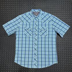 Wrangler 20X Western Shirt Pearl Snap Cowboy Blue Plaid Short Sleeve Mens XLT