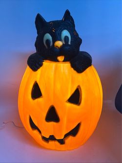 Halloween Blow Mold Jack-O-Lantern Pumpkin Black Cat TPI Canada '94 28 " Lighted
