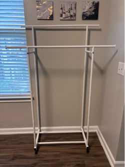 Rolling Clothes Rack Double Rod Garment Rack with Shelves – Heavy Duty Portable Wardrobe Organizer White
