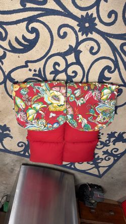 Sunbrella Red Throw Pillows + 2 Floral seat cushions
