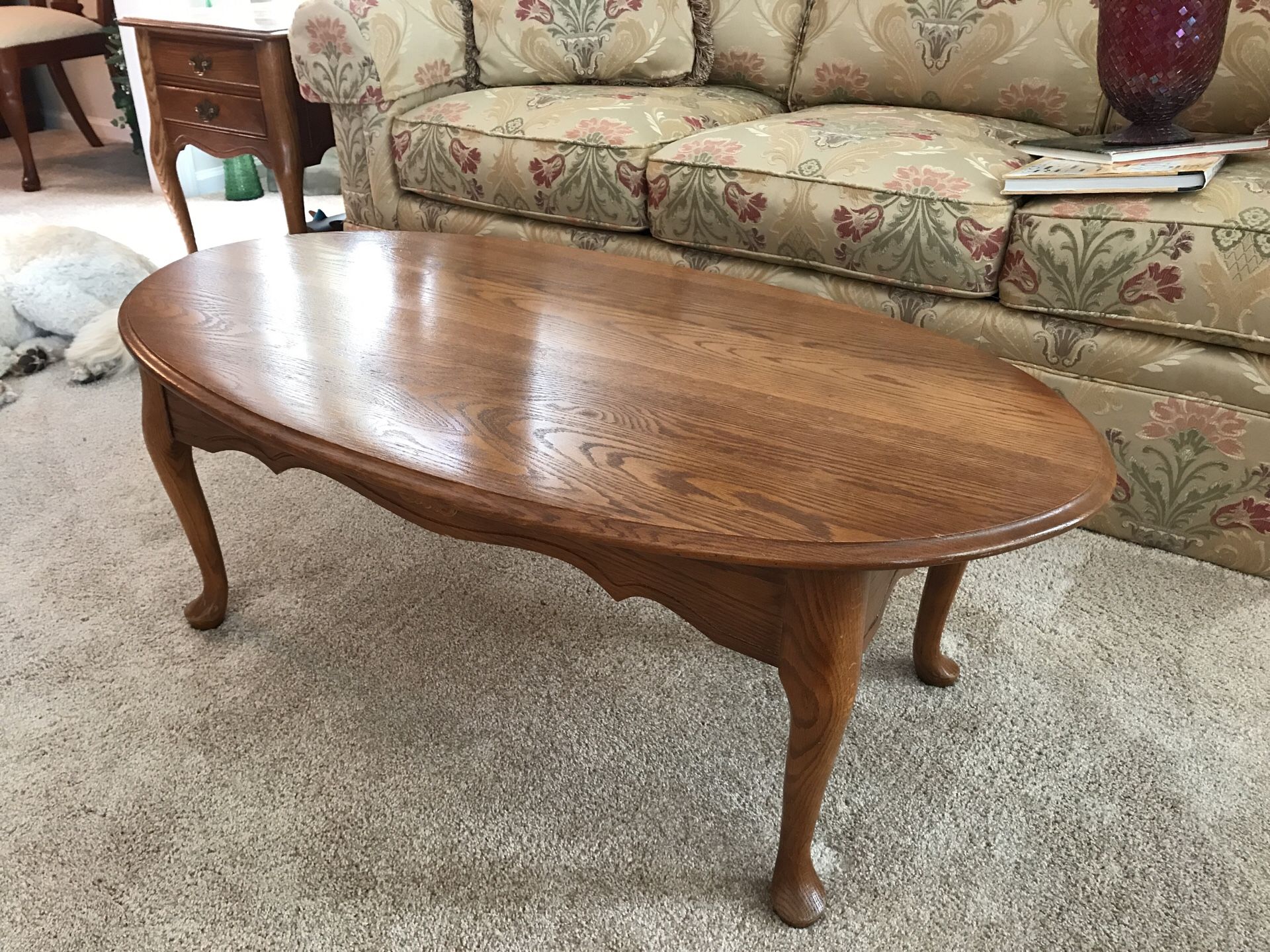 Solid oak Queen Anne style coffee table and 2 end tables with 2 drawers ...