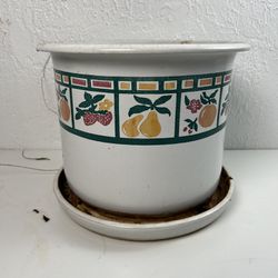 Vintage Painted Xl Ceramic Plant Pot With Built In Tray And Drainage 