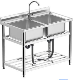Freestanding Stainless Steel Sink, Commercial Restaurant Sink, Large Double Bowl Sink, Outdoor Sink, for Business Restaurant, Cafe, Bar, Hotel, Garage