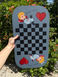 Vintage solid wood hand painted checker board with hearts