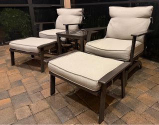 Patio Lounge Set: 2 Motion Chairs, 2 Ottomans, and Side Table with Cushions