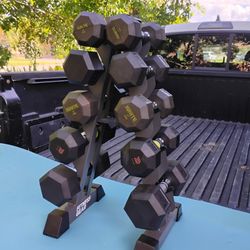 RUBBER  SET  OF  DUMBBELLS (PAIRS OF)  :  8s  10s  12s  15s  20s  +  SPACE  SAVING  PYRAMID  RACK 