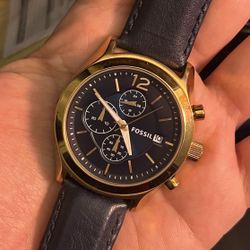 Fossil watch rose gold blue leather