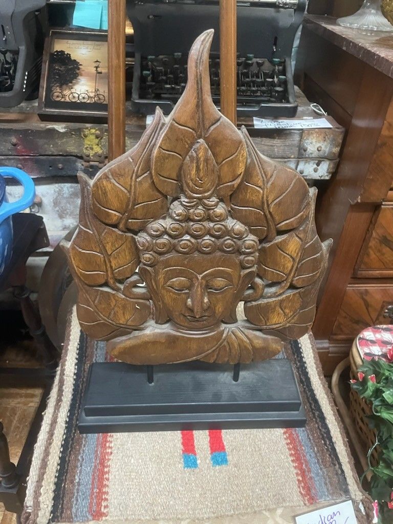 Wood Carved Buddha Head On Stand 19 By 14