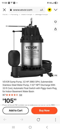 VEVOR Submersible Sump Pump 1/2 HP