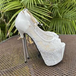 Getmorebeauty Sandal Pleaser Heels White Stilettos Size 36